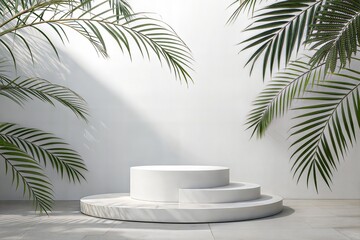Minimalist white wall background with palm leaf shadows and a product display podium. Ideal for branding and product presentations.