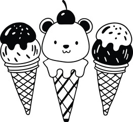 Adorable Ice Cream and Cupcake Characters with Heart Accents Coloring Page
