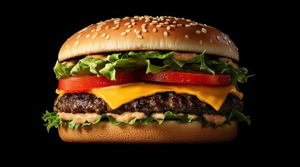 A perfectly assembled cheeseburger with golden sesame bun, crisp lettuce, juicy tomato slices, and thick melted cheddar cheese. 