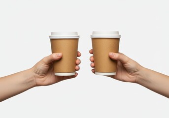 A photograph of two hands holding two disposable brown craft paper coffee cups, showcasing a coffee cup mockup.

