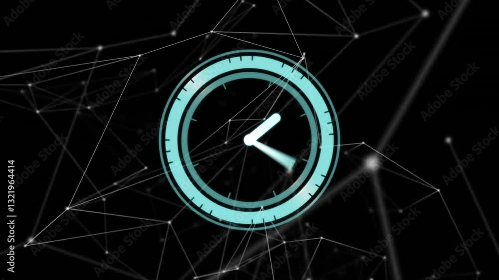 Poster clock animation over network of interconnected lines and nodes on black background