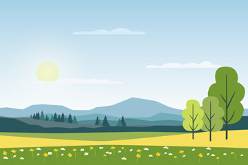 Summer flowering meadows and fields on the background of hills and mountains vector landscape illustration. Yellow and green fields and meadows, hills and mountains. Landscape of green meadows.