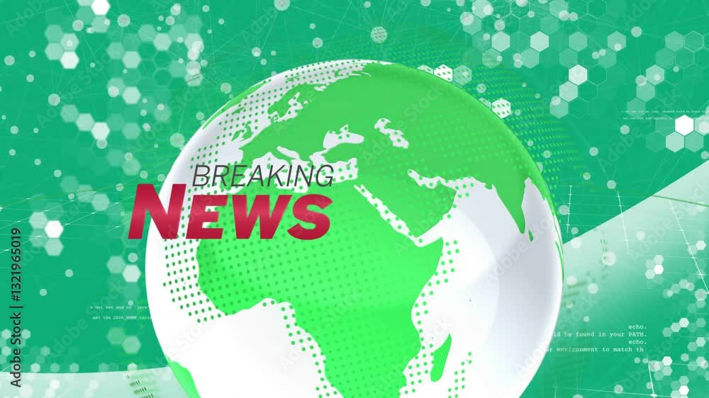 Aufkleber animation of breaking news text over green globe with digital network background