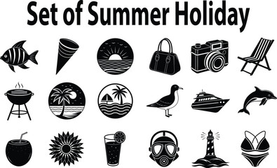 Set of summer holiday elements silhouette. Hello summer.