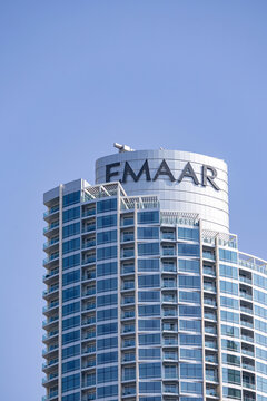 Emaar Properties logo on glass building. Dubai, UAE - 1 NOV 2023