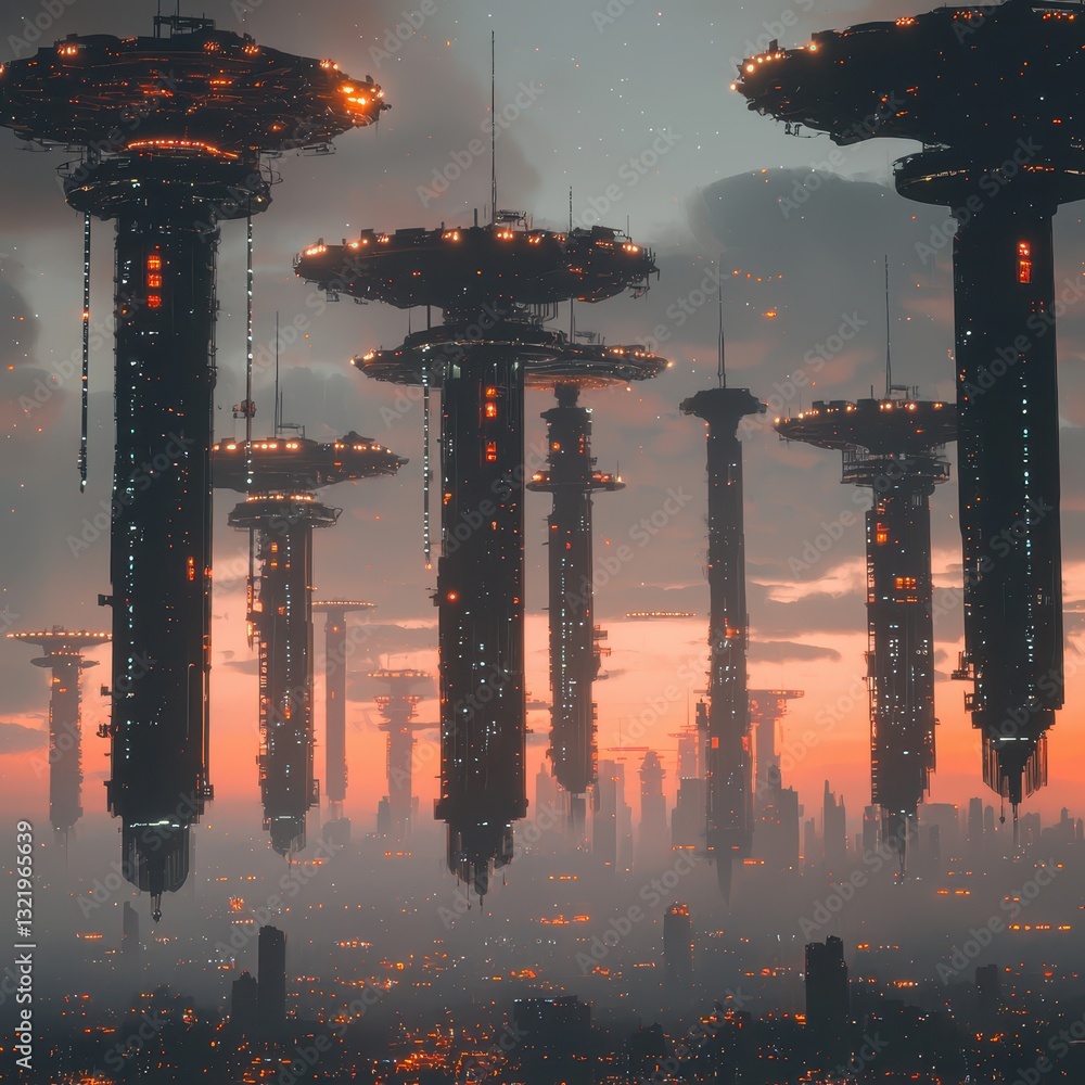 Poster futuristic floating structures in a cloudy skyline at dusk
