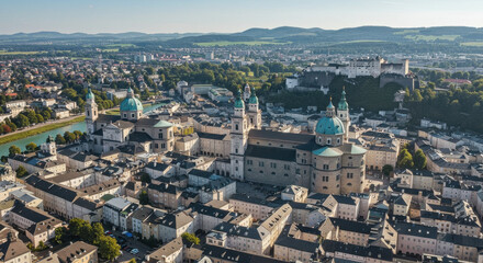 Obraz premium Salzburg Austria: Aerial View of City, Cathedral, Fortress. Explore Historic European Travel, Architecture, & Landscape.