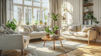 Fototapeta premium Cozy and Bright Living Room with Plants and Natural Light