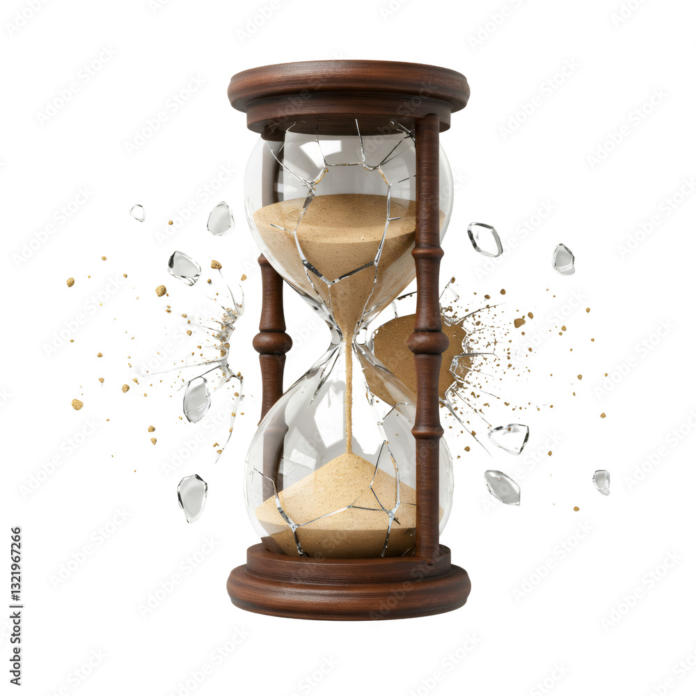 Fototapete shattered hourglass with sand exploding on transparent background
