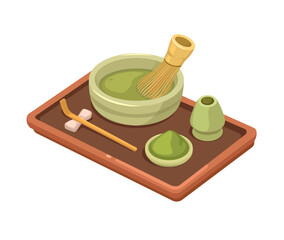 Macha Green Tea Japanese Traditional Drink Tool Set Illustration Vector