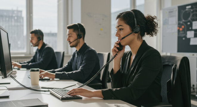 Customer Service Team: Focused Agents Assisting Clients with Headsets, Tech Support, & Problem Solving for Call Center Success