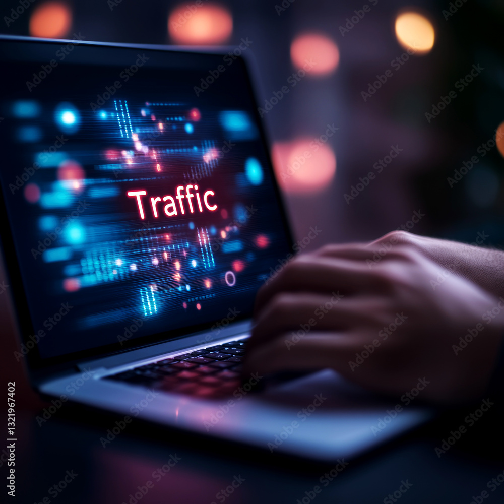 Aufkleber analyzing traffic data on a laptop in a dimly lit office environment for enhanced digital insights