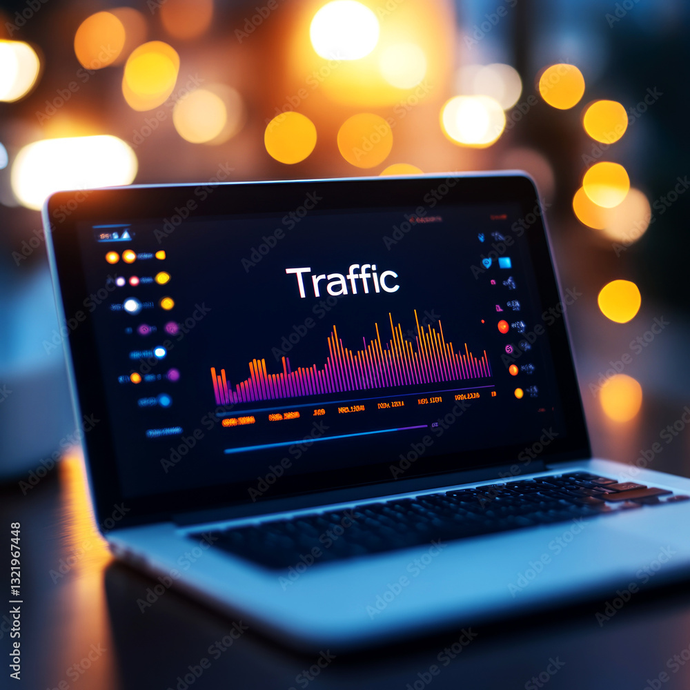 Aufkleber analyzing traffic data on a laptop in a cozy workspace environment with a modern viewpoint for enhan