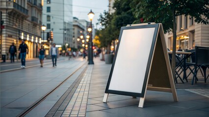 Blank white advertising board on a pedestrian walkway, standing easel mockup in an urban setting