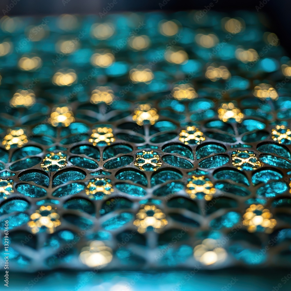 Poster intricate pattern in vibrant teal and gold with a shimmering texture