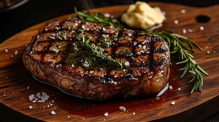 A sizzling ribeye steak, its surface caramelized to perfection, plated on a charred wooden slab. Melted herb butter drips over the steak, accompanied by sprigs of rosemary and coarse sea salt,