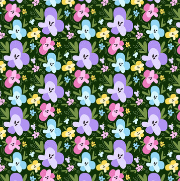 Vector illustration of a floral pattern in pastel shades on a dark green background, designed in a cartoon style. The pattern features delicate flowers and leavesю Ыoft, playful, and fresh aesthetic.