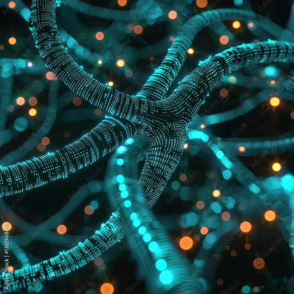 Poster abstract network structure with glowing neon elements and depth