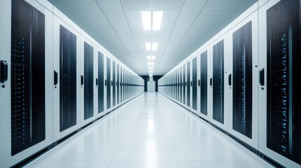 Remote IT concept. Data center corridor with server racks and bright overhead lighting.