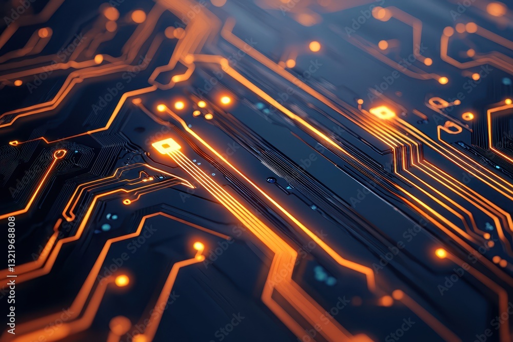 Poster intricate circuit board design with glowing orange lines and nodes