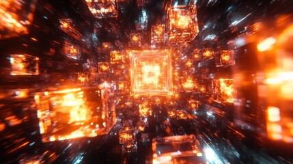 Obraz premium Cubes in space, orange glow, black background. Depth perception