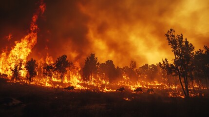 Wildfire engulfing a dense forest with flames spreading rapidly due to global warming impacts animals fleeing in panic thick smoke covering the sky