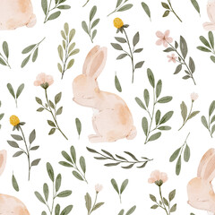 Watercolor seamless pattern with bunny and leaves. Botanical pattern on transparent background. Delicate floral and rabbit illustration.