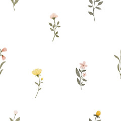Watercolor seamless wildflower pattern. Botanical floral pattern on transparent background. Delicate floral illustration.