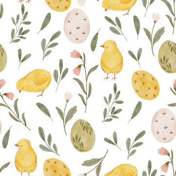 Watercolor Easter botanical and cute chicks seamless pattern. Hand-drawn floral farmhouse wallpaper.