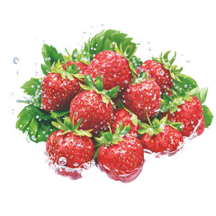 Strawberry Splash: Freshly picked strawberries, glistening with water droplets, and vibrant green leaves, create a refreshing and inviting visual of a juicy and delicious treat.