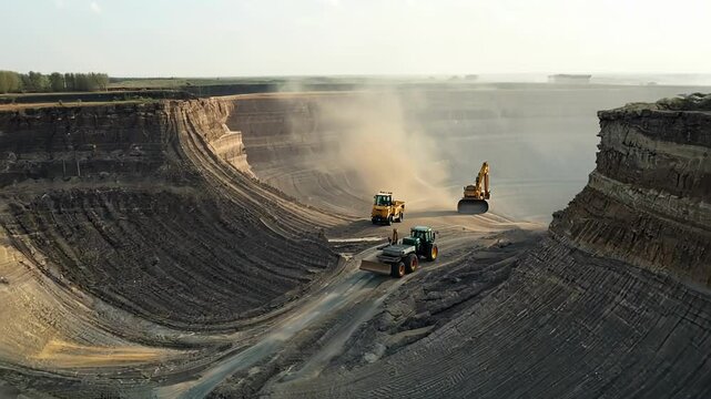 Large Open-Pit Mining Quarry with Terraced Levels and Heavy Machinery Operating on Excavated Terrain. Industrial Excavation, Natural Resource Extraction, Environmental Impact, Construction Industry