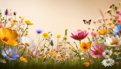 Vibrant Spring Meadow Recreated with Bright Blossoms on a Creamy Backdrop, Bringing Warmth and Energy to the Scene