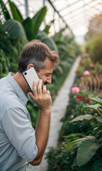 Close-up of a man using a smartphone in a garden, with blank screen for texting or video calls
