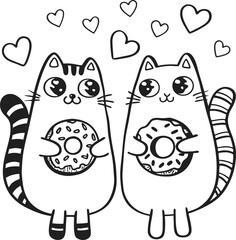 Cute Cartoon Cats Holding Donuts with Hearts in Love Doodle Style Art
