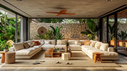 Fototapeta premium Cozy Modern Living Room with Natural Decor and Abundant Greenery