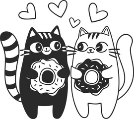 Cute Cartoon Cats Holding Donuts with Hearts in Love Doodle Style Art
