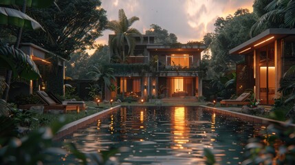 Obraz premium Serene Landscape of Luxury Villa with Pool at Sunset in Tropical Setting
