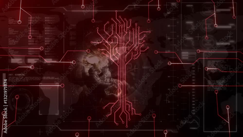 Poster animation of digital tree circuit with data elements over world map design