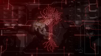 Animation of digital tree circuit with data elements over world map design - Powered by Adobe