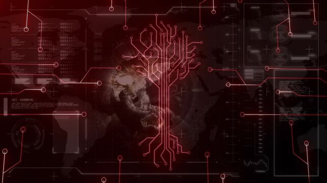 Animation of digital tree circuit with data elements over world map design
