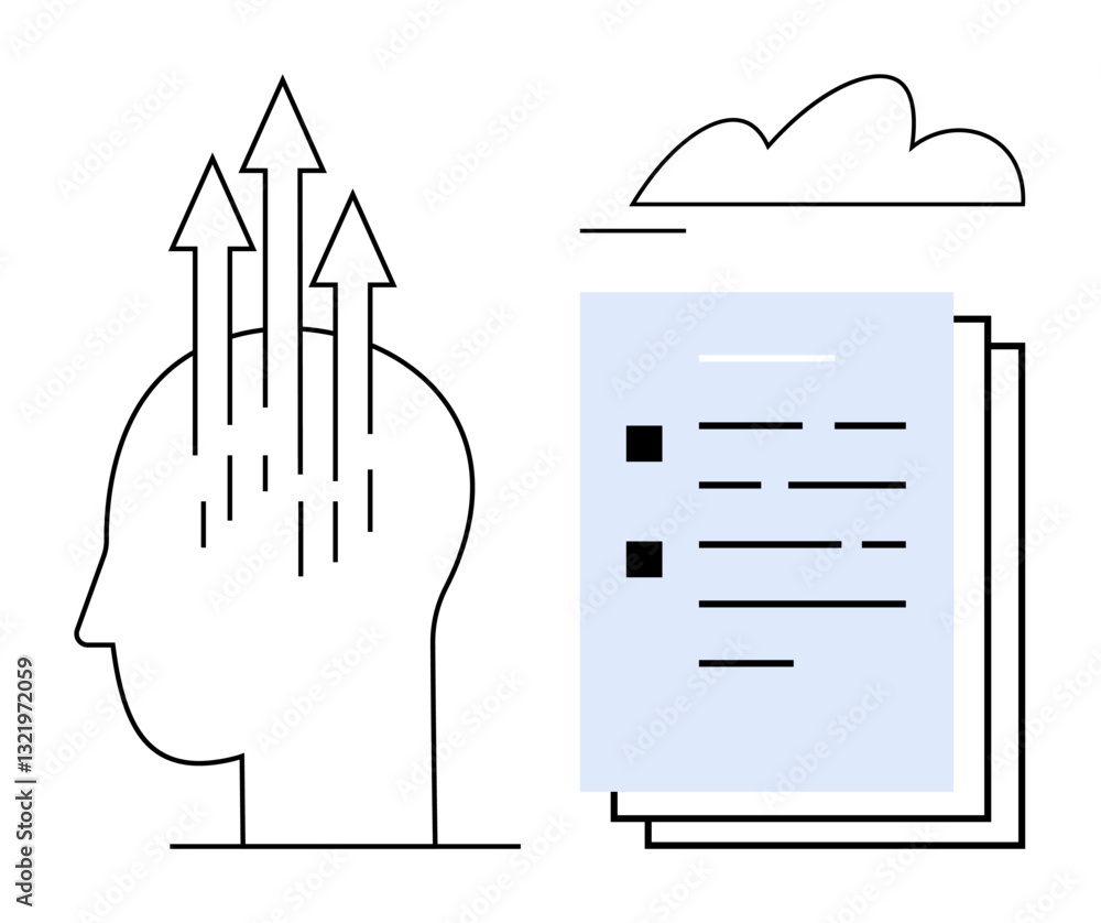 Poster outline of a head with upward arrows symbolizing growth, beside a document stack and a cloud icon. i