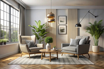 Fototapeta premium Modern living room with comfortable seating area, natural light, and stylish decor