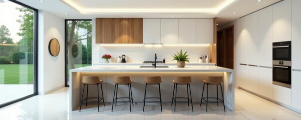 Sleek modern kitchen island with bar stools, white cabinetry, home, lighting