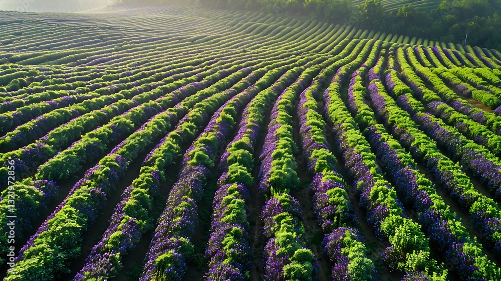 Poster high-altitude view of a massive eggplant field with rows of purple and green plants creating a rich,