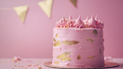 un pastel color rosa con detalles de pinceladas color dorado con banderines dorados con merengues deliciosos con espacio de copia para celebracion de cumpleaños