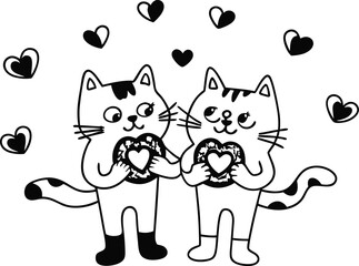 Cute Cartoon Cats Holding Donuts with Hearts in Love Doodle Style Art
