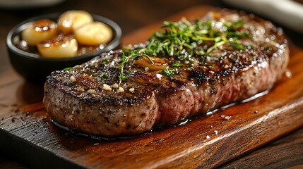 A tender, juicy steak dripping with sizzling garlic butter, plated on a rustic wooden slab. The presentation includes roasted garlic cloves, caramelized onions,