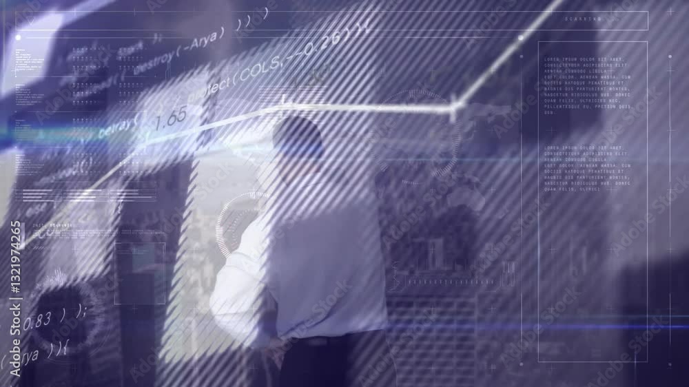 Poster analyzing data with coding and animation, businessman over cityscape background