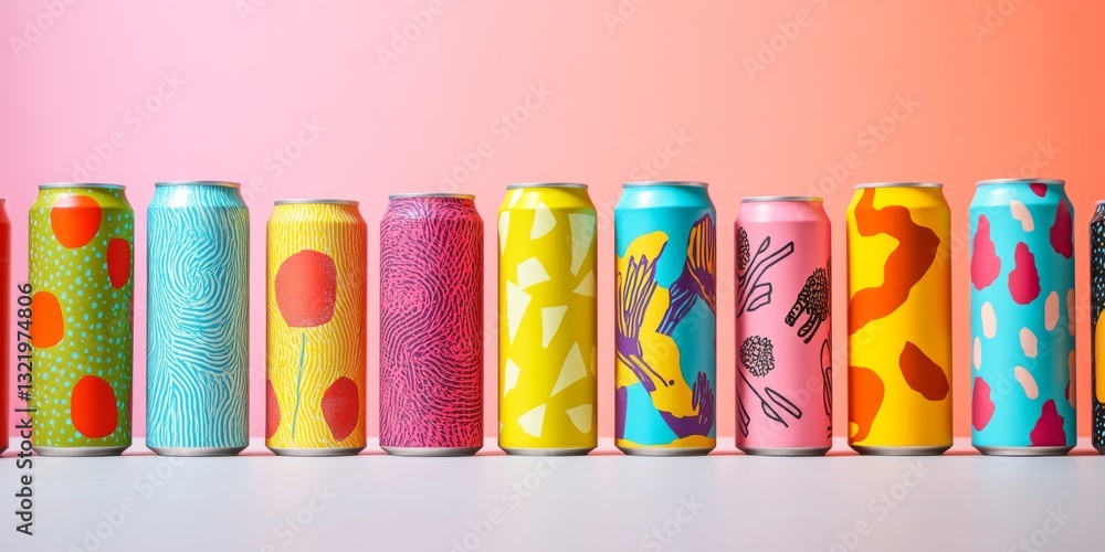 Poster colorful array of beverage cans lined up against a stylish background. each can features unique and 