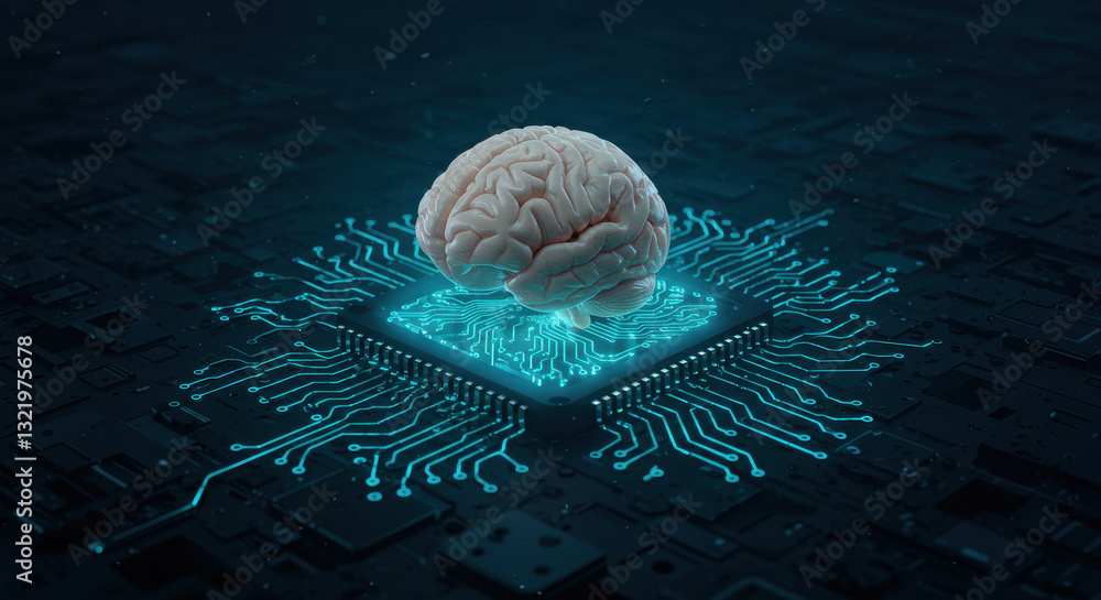Poster ai brainpower: artificial intelligence concept - brain on circuit board. the future is now! neural n